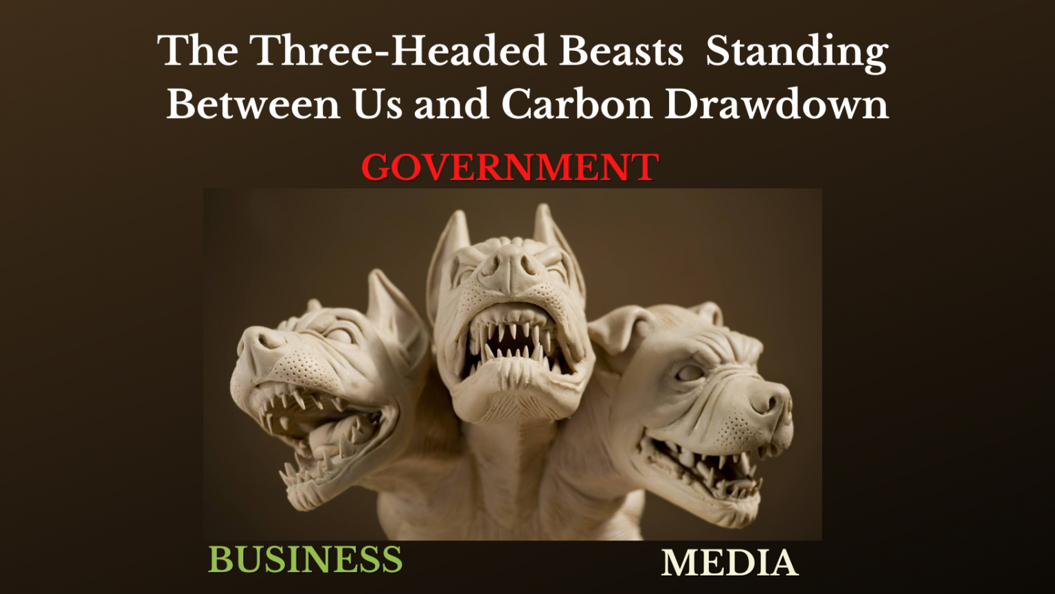 three-headed beasts of government media and business standing between humans and carbon drawdown